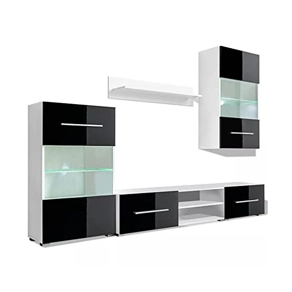 Keyur Meuble TV, Banc TV Buffet Bas Support de Télévision Meuble Télé Meuble TV Mural 5 pièces avec éclairage LED Noir