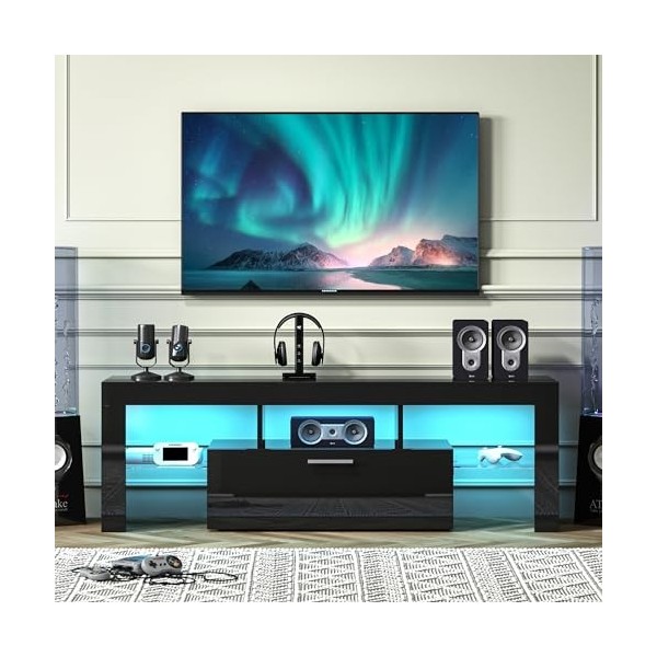 Entrintou Meuble TV LED moderne pour TV de 55" avec étagères et grand espace de rangement, centre de divertissement rustique,