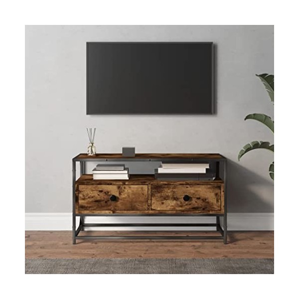 Higsose Meuble TV Design Élégant Chêne Fumé 80x35x45 cm Bois dingénierie Meuble de Multimédia avec Pieds en Métal Meuble de 