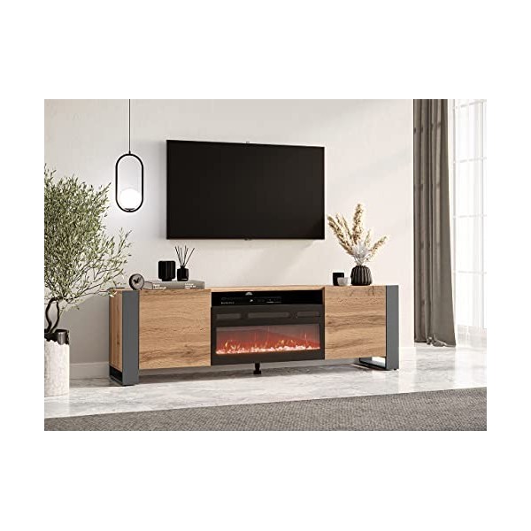 Mirjan24 Weelo Meuble TV avec cheminée électrique, meuble TV pratique, meuble TV bas avec ouverture sans poignée, flamme LED 