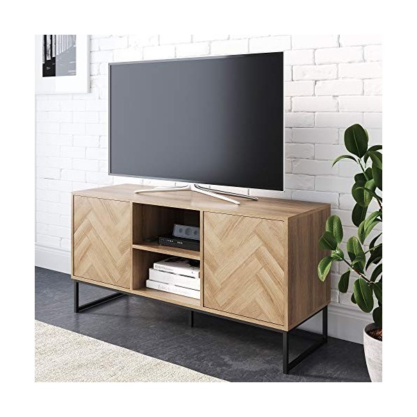 Nathan James Dylan Meuble TV avec portes pour rangement caché en bois naturel recyclé à chevrons et métal, chêne/noir mat
