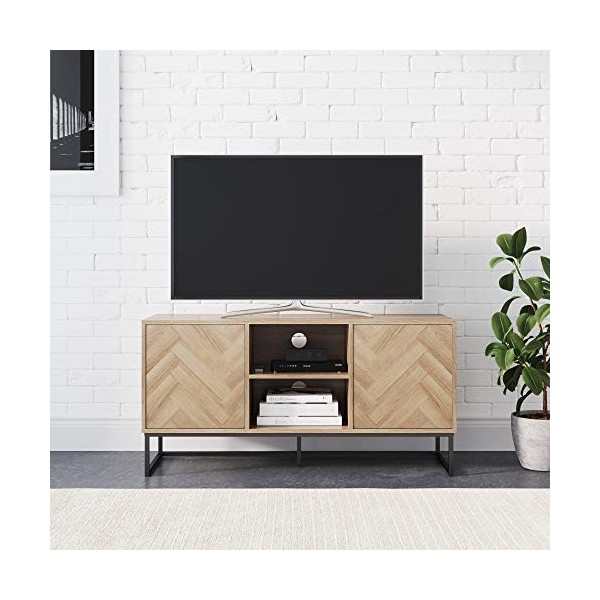 Nathan James Dylan Meuble TV avec portes pour rangement caché en bois naturel recyclé à chevrons et métal, chêne/noir mat