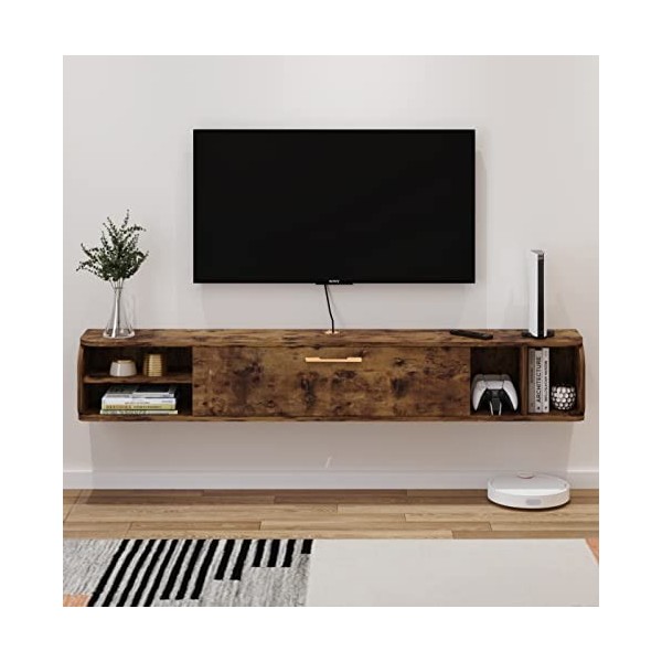 Bixiaomei Meuble TV flottant, 147,3 cm, étagères flottantes avec 4 armoires, console multimédia en bois, grand banc de rangem