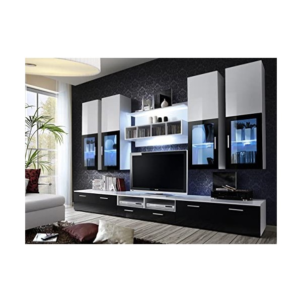 ASM Ensemble Meuble TV Mural - Lyra - 300 Cm X 190 Cm X 45 Cm - Blanc Et Noir