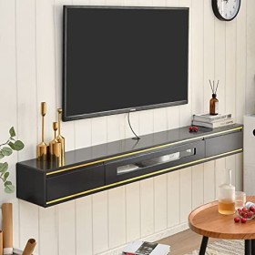Meuble TV mural Meuble TV en bois massif, console multimédia murale avec 2 tiroirs, étagère flottante pour meuble TV, étagère