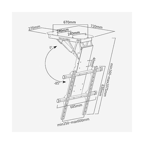 Support TV de Plafond Pliable pour Téléviseurs de 50 Pouces a 90 Pouces, Poids Maximum Jusquà 80 Kg/176,3 LB, Modèles VESA J
