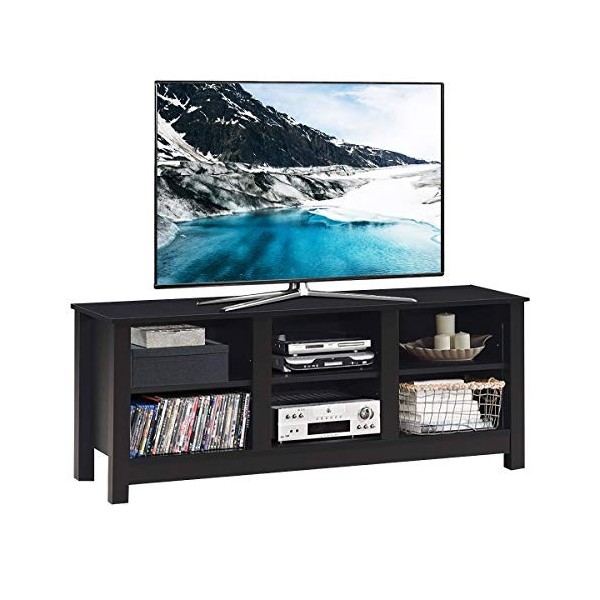 COSTWAY Meuble TV avec 6 Compartiments pour TV 65" au Max, Banc TV Tablette Amovible en 3 Positions, 6 Trous de Câble pour Sa