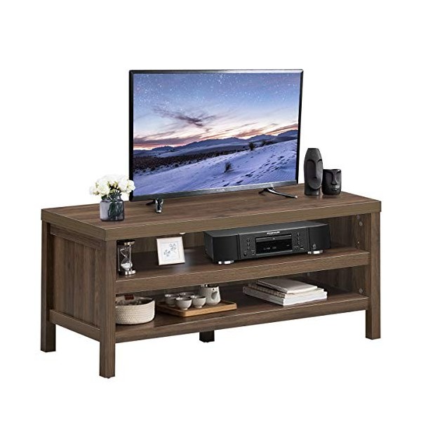 COSTWAY Meuble TV avec 6 Compartiments pour TV 65" au Max, Banc TV Tablette Amovible en 3 Positions, 6 Trous de Câble pour Sa