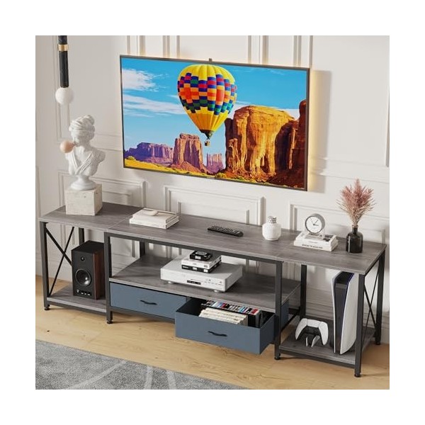 GYIIYUO Meuble TV avec tiroir pour TV de 65, 70, 75 pouces, table console TV industrielle avec étagères de rangement ouvertes