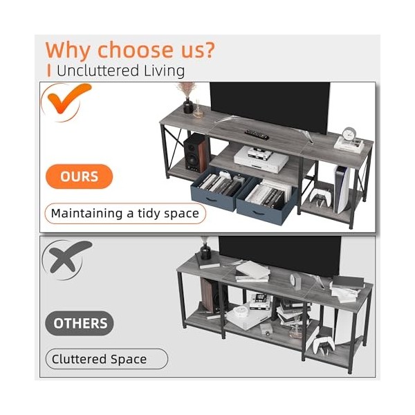 GYIIYUO Meuble TV avec tiroir pour TV de 65, 70, 75 pouces, table console TV industrielle avec étagères de rangement ouvertes