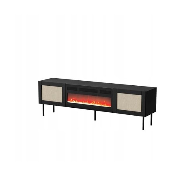 BB Loisir Meuble TV 180x55x40 cm Noir YOTA avec cheminée intégrée Meuble Hi-FI sur Pied