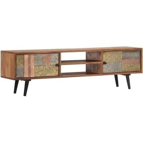 Meuble TV en Bois avec 2 Compartiments et 2 Portes, Centre de Divertissement en Bois dacacia Massif, Table de Console TV, Me