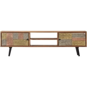 Meuble TV en Bois avec 2 Compartiments et 2 Portes, Centre de Divertissement en Bois dacacia Massif, Table de Console TV, Me