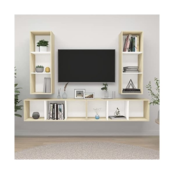 Meuble TV mural 4 pièces en bois blanc et chêne sonoma