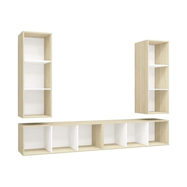 Meuble TV mural 4 pièces en bois blanc et chêne sonoma