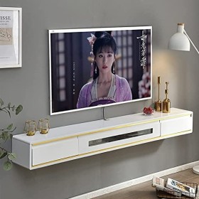 Meuble TV Flottant Meuble TV Mural Meuble TV Flottant, Console multimédia Murale avec 2 tiroirs, Bois Soild, pour Chambre Sal