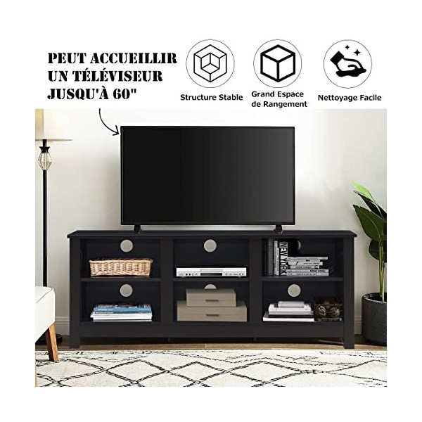 GOPLUS Meuble TV avec 6 Compartiments Ouverts Réglables en Hauteur, Table de Télévision avec Trous des Câbles, Support TV au 