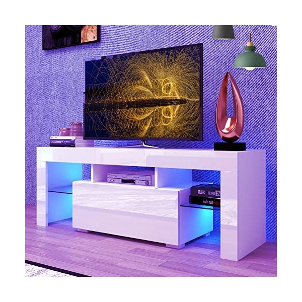 Meuble TV LED pour TV de 32 à 55 pouces, centre de divertissement moderne avec tiroir de rangement et lumières changeantes de