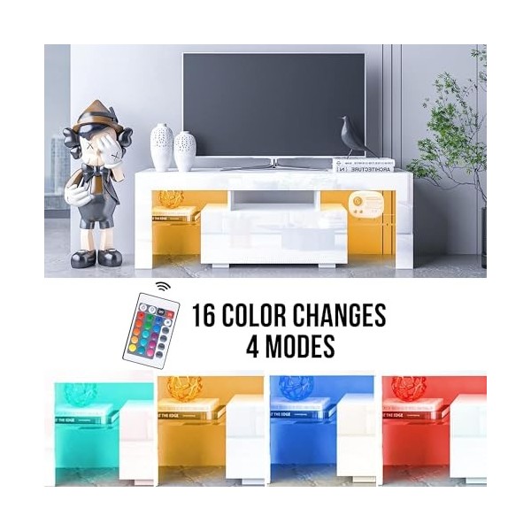 Meuble TV LED pour TV de 32 à 55 pouces, centre de divertissement moderne avec tiroir de rangement et lumières changeantes de