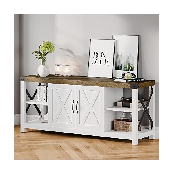 Alkmaar Meuble TV de 147 cm pour TV jusquà 65 pouces, meuble TV en bois de ferme, centre de divertissement avec rangement b