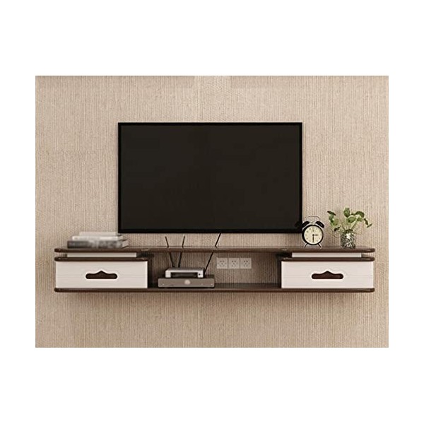 Meuble TV Flottant, Étagère De Télévision en Bois À Montage Mural avec Deux Tiroirs, pour Boîte De Câble De Rangement Console