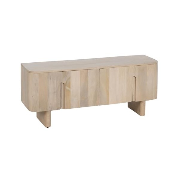 LOLAhome Meuble TV ovale avec bandes de bois de manguier blanc cassé 140 x 40 x 58 cm