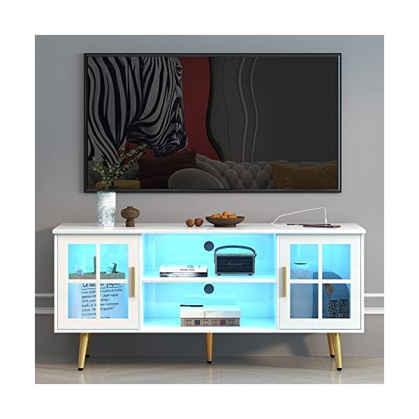 LVSOMT Meuble TV moderne avec rangement, armoire centrale de divertissement pour salon, console multimédia avec 3 lumières de