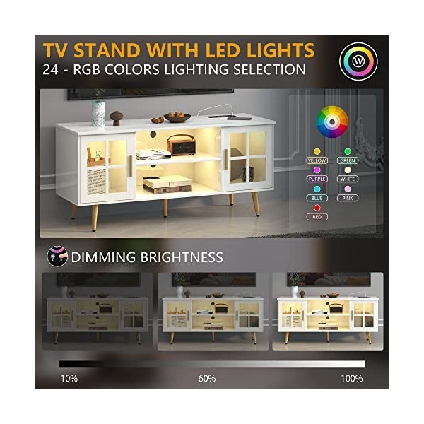 LVSOMT Meuble TV moderne avec rangement, armoire centrale de divertissement pour salon, console multimédia avec 3 lumières de