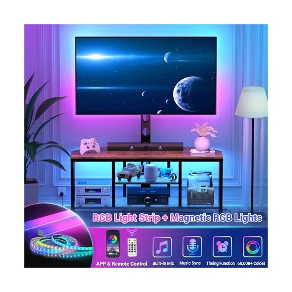 BACEKOLL Meuble TV avec support et lumière LED, meuble TV dangle avec rangement et prise de courant, console de télévision p
