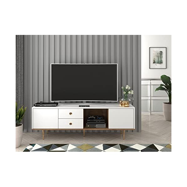 Meuble TV bas avec 2 tiroirs, 2 portes et casiers, meuble TV, meuble TV pour salon, table TV, banc TV, meuble TV blanc/blanc