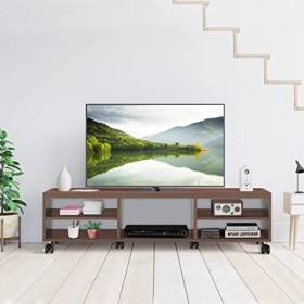 GIANTEX Meuble TV en bois avec 5 compartiments et 6 roues, meuble TV pour salon industriel de haute qualité avec grand espace