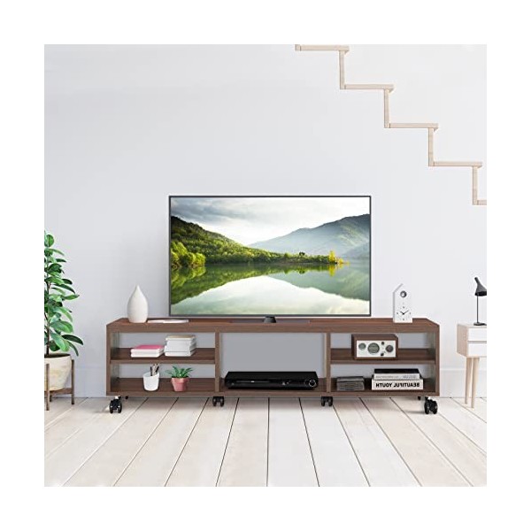 GIANTEX Meuble TV en bois avec 5 compartiments et 6 roues, meuble TV pour salon industriel de haute qualité avec grand espace