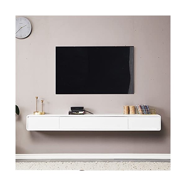 Meuble TV Mural Blanc Meuble TV Flottant avec 2 tiroirs -55,1 Pouces Centre de Divertissement Mural en Bois Massif pour écran