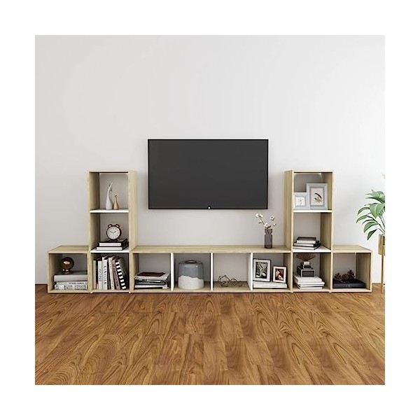 WOODEY Meuble TV 5 pièces Blanc et chêne Sonoma Meuble en bois dingénierie