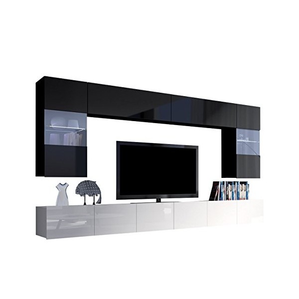 Meuble mural moderne Calabrini I - Chêne doré / blanc brillant - Avec éclairage LED bleu