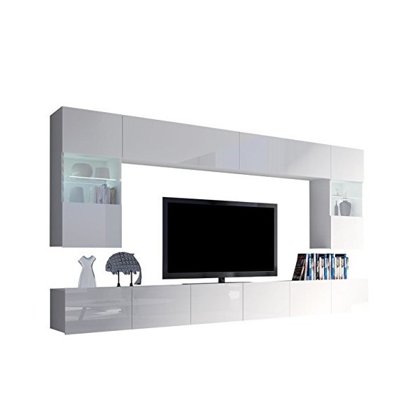 Meuble mural moderne Calabrini I - Chêne doré / blanc brillant - Avec éclairage LED bleu