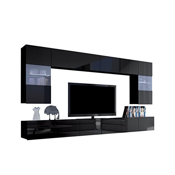 Meuble mural moderne Calabrini I - Chêne doré / blanc brillant - Avec éclairage LED bleu