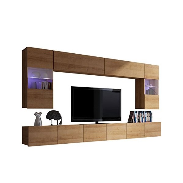 Meuble mural moderne Calabrini I - Chêne doré / blanc brillant - Avec éclairage LED bleu