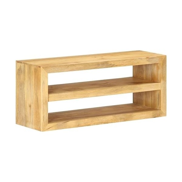 Suuim Meuble TV en Bois avec 2 étagères, Centre de Divertissement en Bois de manguier Massif, Console TV, Meuble multimédia p