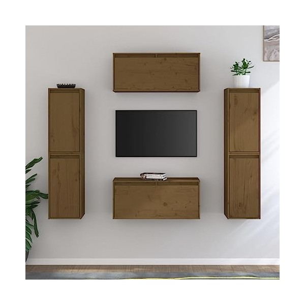 TECHPO Home Hardware Businese Lot de 6 meubles TV en pin massif Marron miel