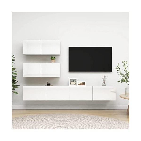 TEKEET Meuble TV 4 pièces en bois blanc brillant
