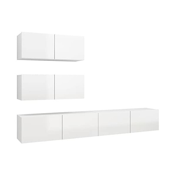 TEKEET Meuble TV 4 pièces en bois blanc brillant