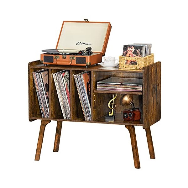 Lerliuo Support de tourne-disque avec 4 armoires pouvant contenir jusquà 220 albums, grande plaque tournante, pieds en bois 