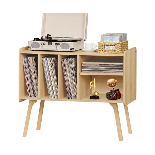 Lerliuo Support de tourne-disque avec 4 armoires pouvant contenir jusquà 220 albums, grande plaque tournante, pieds en bois 