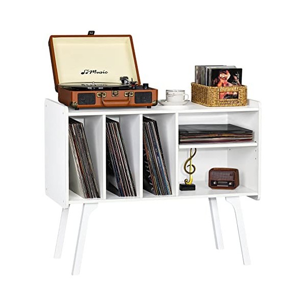 Lerliuo Support de tourne-disque avec 4 armoires pouvant contenir jusquà 220 albums, grande plaque tournante, pieds en bois 