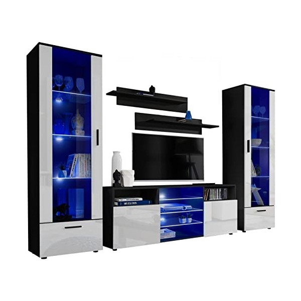 ExtremeFurniture Tower Meuble TV, Carcasse en Noir Mat/Façade en Blanc Brillant + LED Bleues
