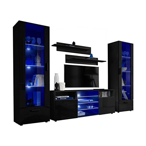 ExtremeFurniture Tower Meuble TV, Carcasse en Noir Mat/Façade en Blanc Brillant + LED Bleues