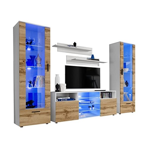 ExtremeFurniture Tower Meuble TV, Carcasse en Noir Mat/Façade en Blanc Brillant + LED Bleues