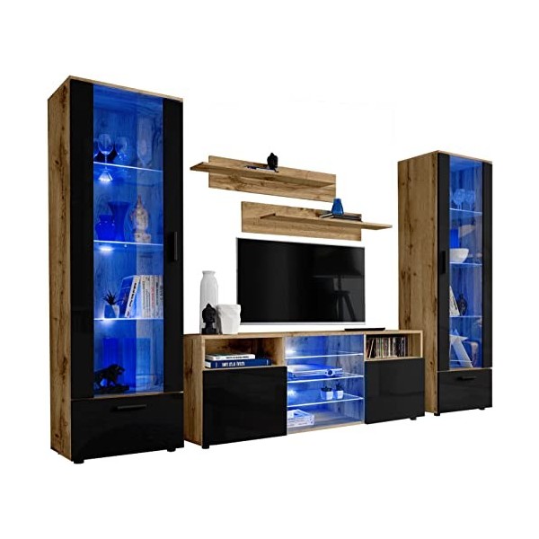 ExtremeFurniture Tower Meuble TV, Carcasse en Noir Mat/Façade en Blanc Brillant + LED Bleues