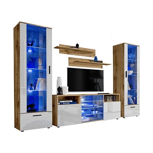 ExtremeFurniture Tower Meuble TV, Carcasse en Noir Mat/Façade en Blanc Brillant + LED Bleues